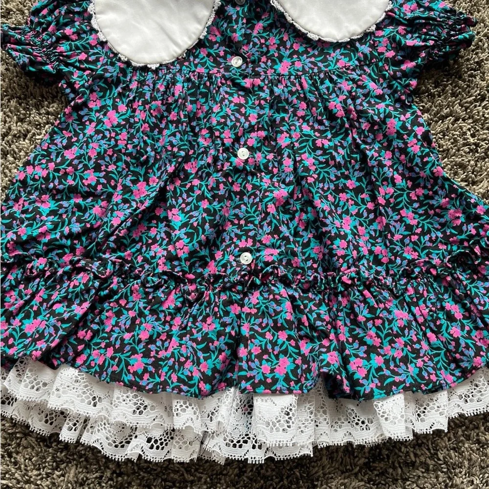 VINTAGE BRYAN Girls Floral Prairie Dress Lace Collar and Ruffle Hem 12 Months